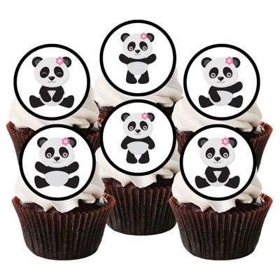 PRECUT Cute Panda Edible Cupcake Toppers - Panda Theme Cake Decorations, Girls Pink Birthday Party, 1.5 Inch / 4cm Discs (Pack of 12)