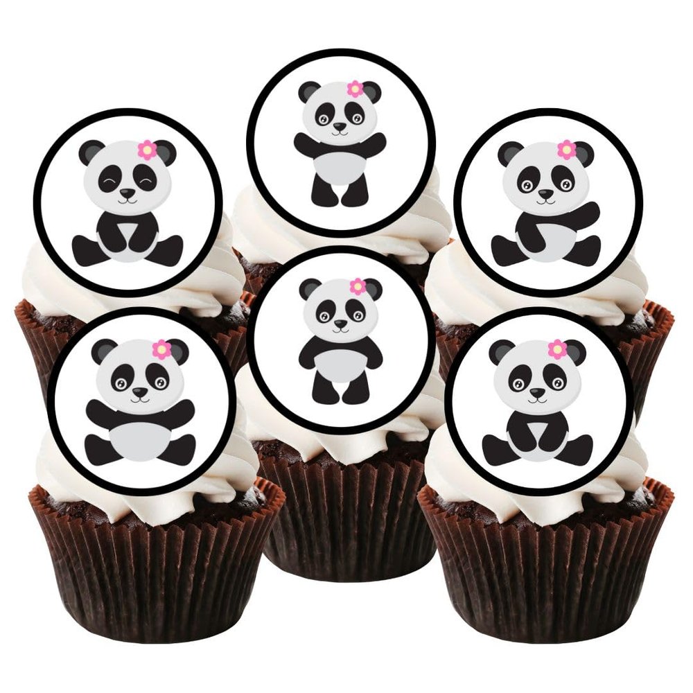 PRECUT Cute Panda Edible Cupcake Toppers - Panda Theme Cake Decorations, Girls Pink Birthday Party, 1.5 Inch / 4cm Discs (Pack of 12)