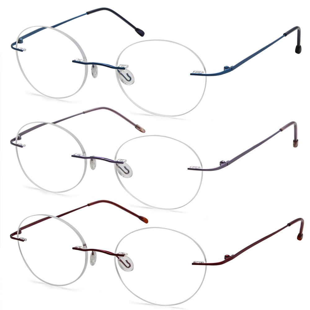 Eyekepper 3-Pack Round Rimless Metal Reading Glasses Women Men - Circle Frameless Readers (Blue/Red/Purple)+1.00