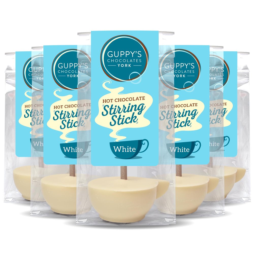 Guppy's Chocolates York | White Hot Chocolate Stirrer | Pack of 5 | 32g Cup Shaped Drinking Chocolate Sticks Spoons | Individually packaged