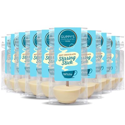 Guppy's Chocolates York | White Hot Chocolate Stirrer | Pack of 10 | 32g Cup Shaped Drinking Chocolate Sticks Spoons | Individually Packaged