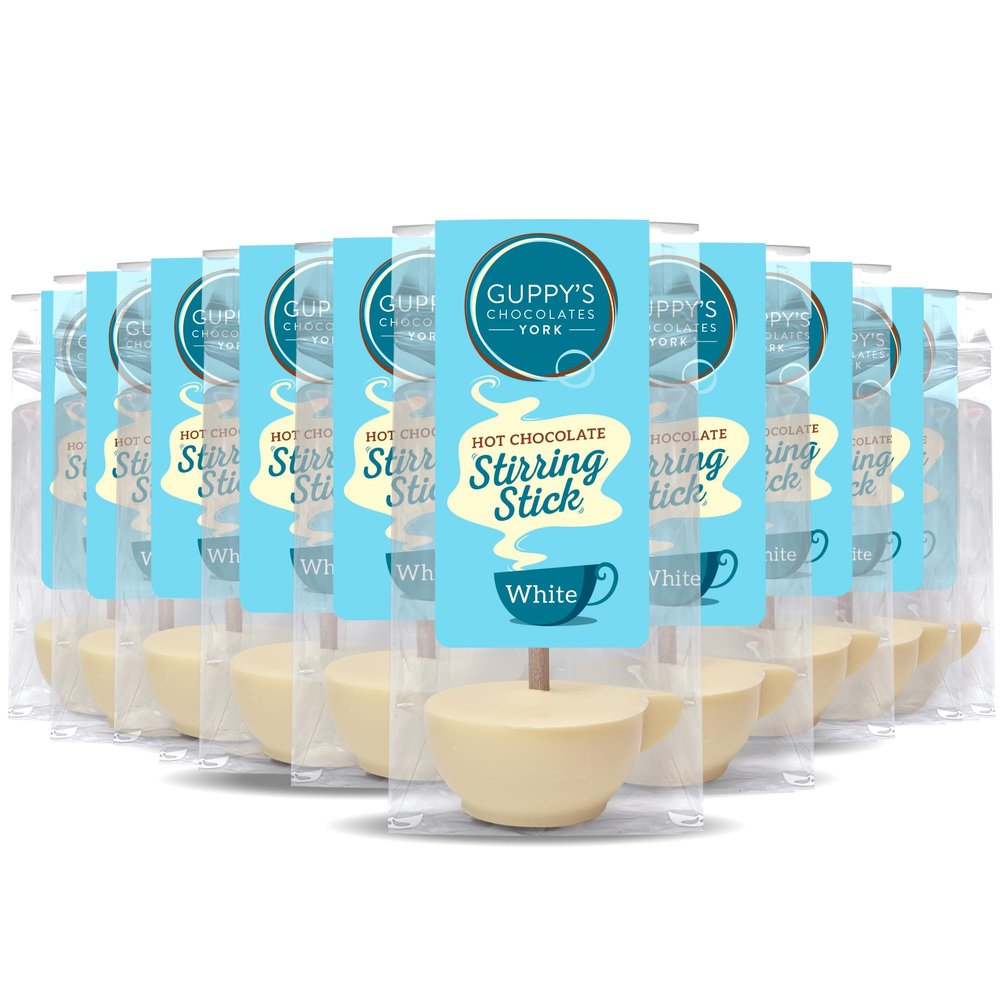 Guppy's Chocolates York | White Hot Chocolate Stirrer | Pack of 10 | 32g Cup Shaped Drinking Chocolate Sticks Spoons | Individually Packaged
