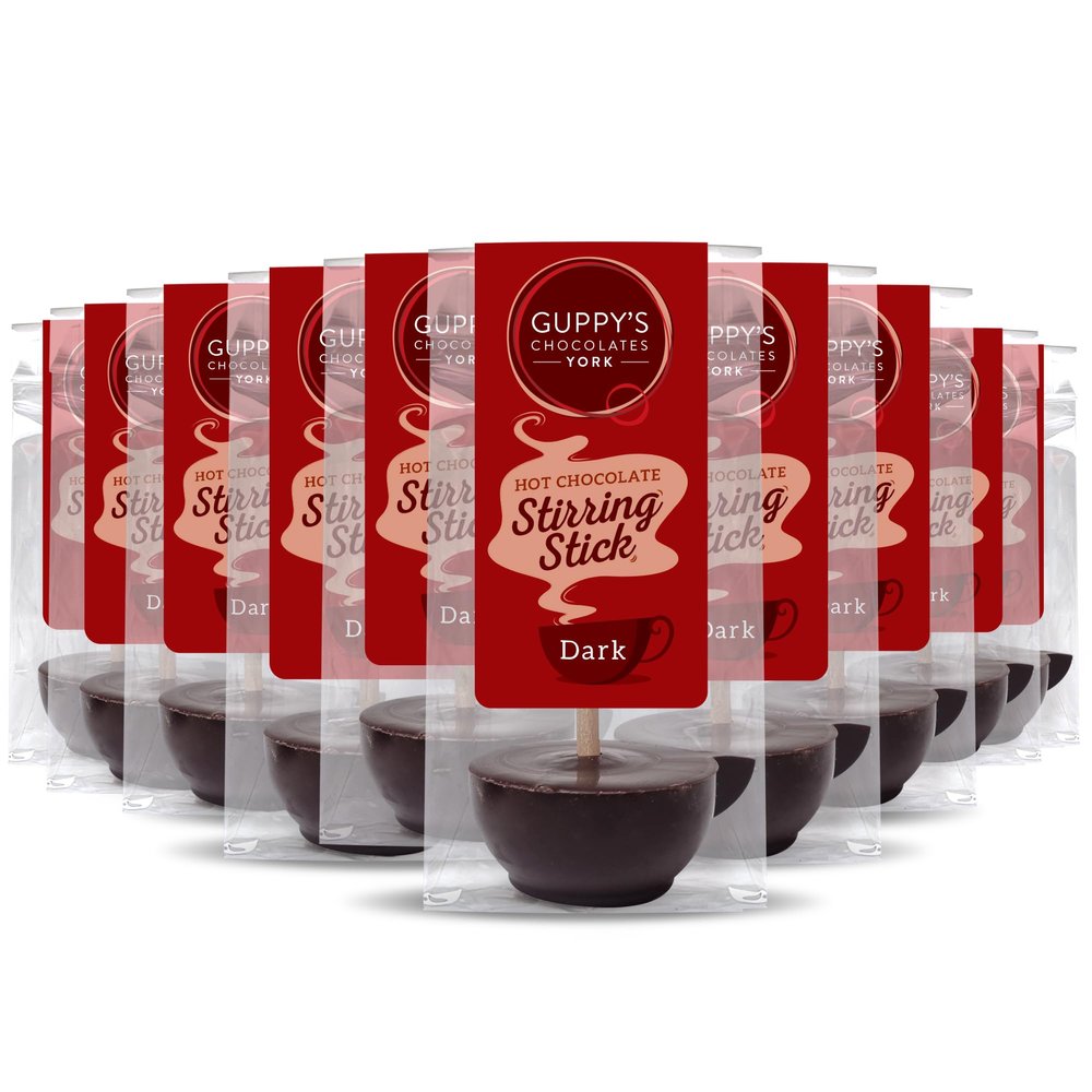 Guppy's Chocolates York | Dark Hot Chocolate Stirrer | Pack of 10 | 32g Cup Shaped Drinking Chocolate Sticks Spoons | Individually Packaged