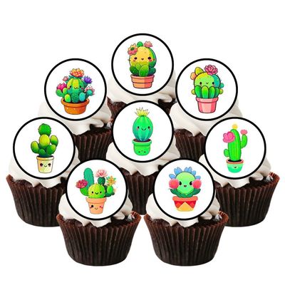 PRECUT Kawaii Cactus Edible Cupcake Toppers - Cute Kawaii Cactus Theme - wafer card disc cake decorations (Pack of 12)