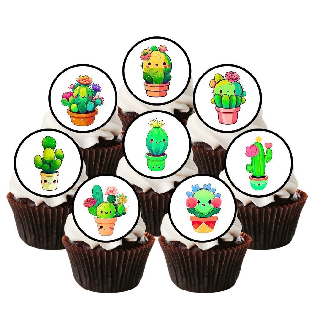 PRECUT Kawaii Cactus Edible Cupcake Toppers - Cute Kawaii Cactus Theme - wafer card disc cake decorations (Pack of 12)