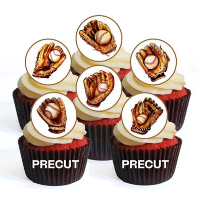 PRECUT Baseball Edible Cupcake Toppers - Baseball Glove Theme #2 - wafer card disc cake decorations (Pack of 24)
