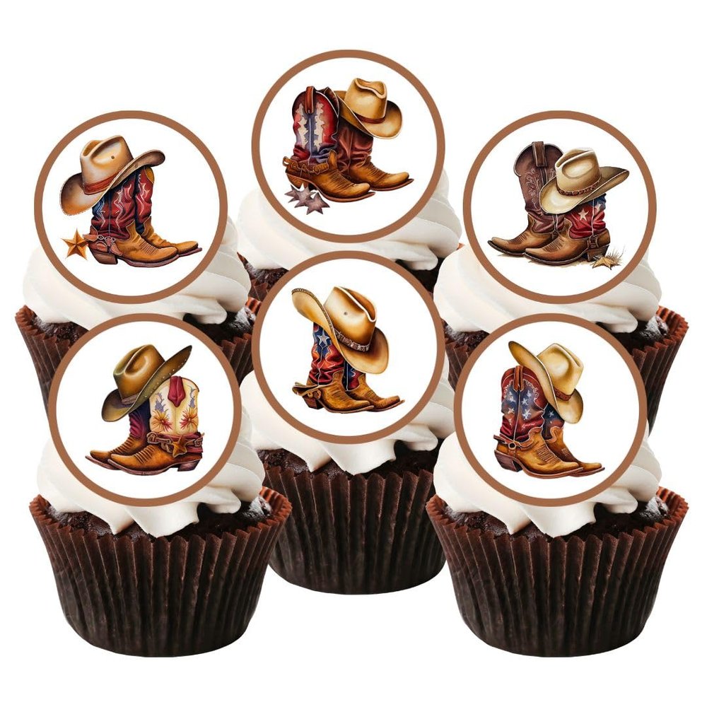 Cowboy Boots Edible Cupcake Toppers - Western Themed Cake Decorations with Cowboy Hat & Rodeo Style - wafer card PRECUT 4cm/1.5 Inch Discs (Pack of 24)