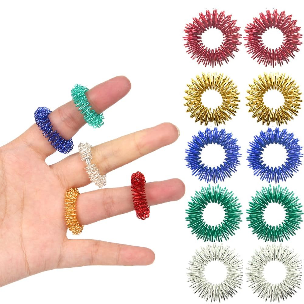 10/30 Pieces Spiky Sensory Finger Rings Acupressure Ring Set Great Spikey Fidget Ring Fidget Sensory Toys for Silent Stress Reducer and Massager Improves Blood Circulation (10pcs)