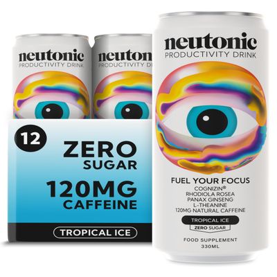 Neutonic Nootropic Productivity Energy Drink | Tropical Ice 12 Cans | 120mg Natural Caffeine, Zero Sugar | Support Energy, Mental Performance, Cognitive Function | Support Focus, Brain Health
