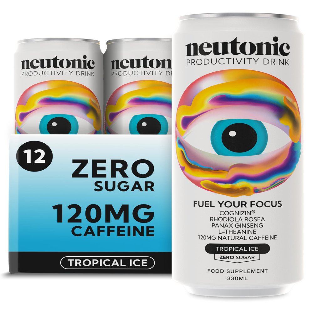 Neutonic Nootropic Productivity Energy Drink | Tropical Ice 12 Cans | 120mg Natural Caffeine, Zero Sugar | Support Energy, Mental Performance, Cognitive Function | Support Focus, Brain Health