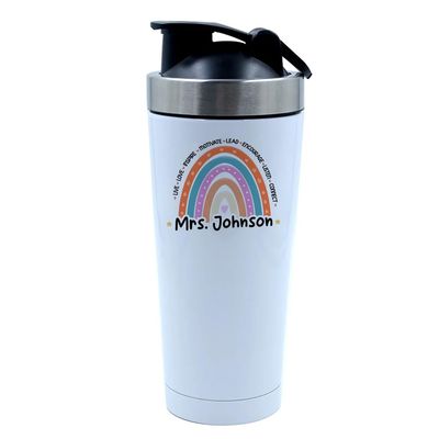 500ml Aluminium Shaker Bottle for Supplement Shakes - Easy Clean, Durable Cup Personalised Teachers Gift, Rainbow Gift. (White)