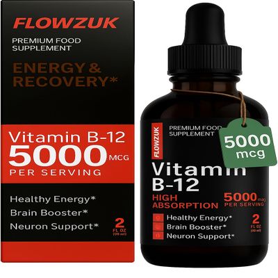 Flowzuk Vitamin B12 Liquid Drops 5000mcg  High Strength Methylcobalamin  Fast Absorbing Vegan B12 Supplement  60ml Dropper Bottle  Gluten Free, Energy & Wellness Support
