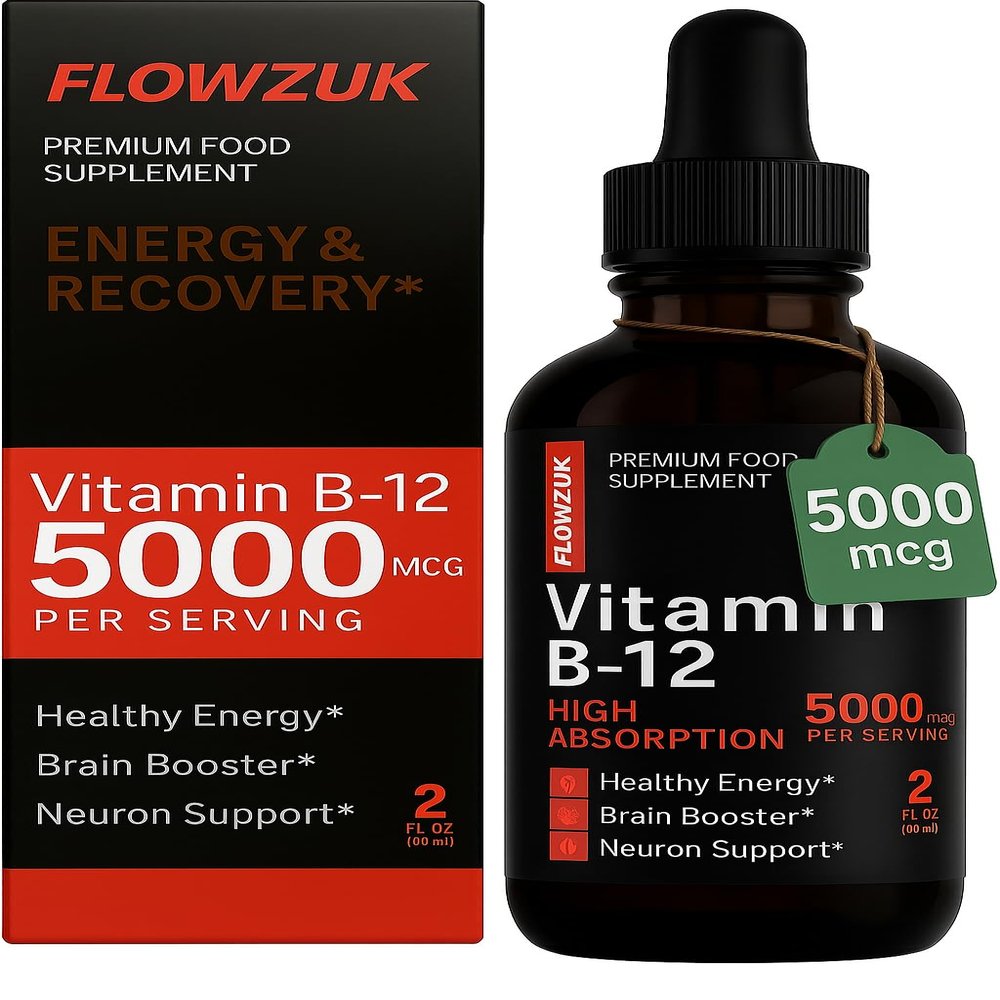 Flowzuk Vitamin B12 Liquid Drops 5000mcg  High Strength Methylcobalamin  Fast Absorbing Vegan B12 Supplement  60ml Dropper Bottle  Gluten Free, Energy & Wellness Support
