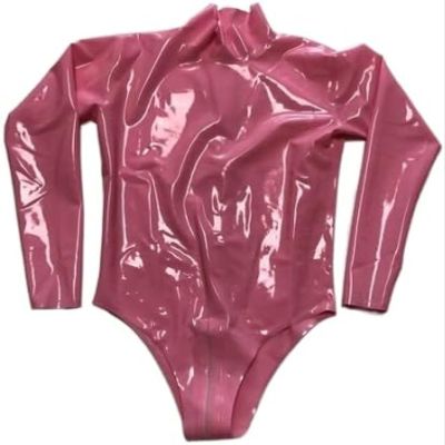 ANTIY Sexy Black Womens Long Sleeve Latex Swimwear Rubber Suit with Back Crotch Zipper,Pink,X-Large