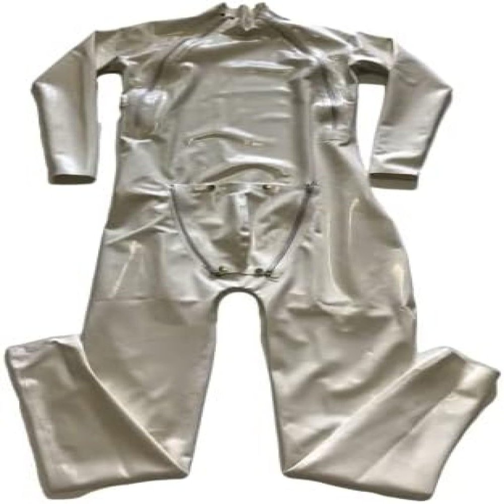 White Men Natural Latex Catsuit 3D Crotch Pouch Design Codpiece with Double-Diagonal Zipper,Gold,Customize Free