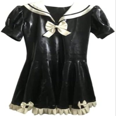 ANTIY Sexy Black Short Sleeve Latex Fetish Maid Dress Ruffles with Bow,Black-White,Small