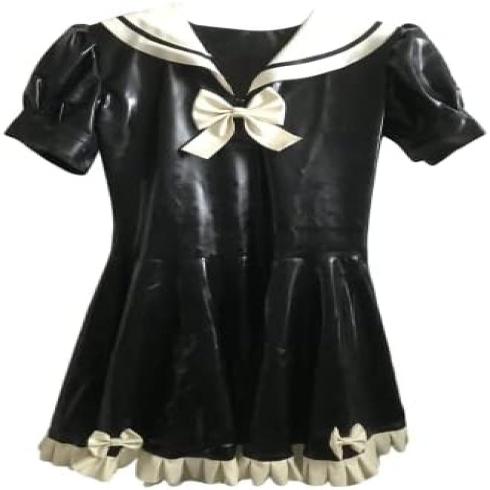 ANTIY Sexy Black Short Sleeve Latex Fetish Maid Dress Ruffles with Bow,Black-White,Small