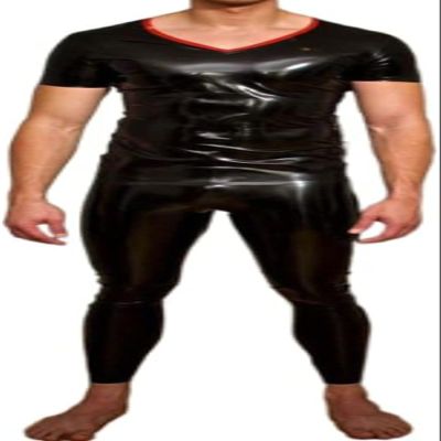 Sexy Black Short Sleeve Men's Neck Entry Latex Rubber Round Collar Customize,Dark Blue,X-Small