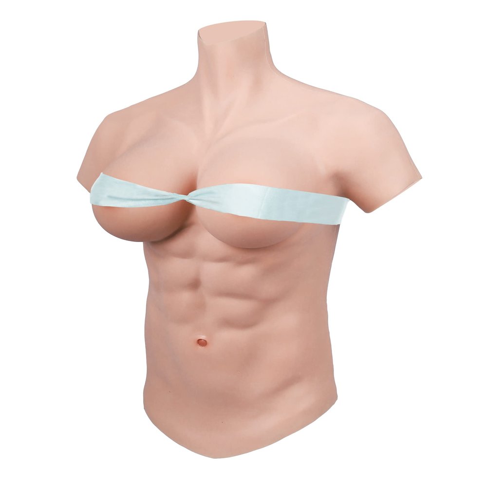 Minaky Realistic Fake Muscle Silicone Female Breast Half Body Suit with Lifelike Skin Texture, for Cosplay Transgender Party Halloween, L-F Cup, Silicone Filled