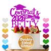 Graduation Cake Toppers Personalised Cake Decors Congrats Graduation Gifts for Her Him Double Sided Glitter with Any Name & Date for Kindergarten Primary Middle High School University (Purple) view 2