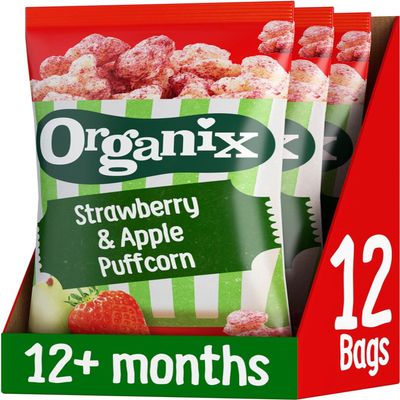 Organix Strawberry & Apple Puffcorn, Organic Toddler Snack, Finger Food, 12+ Months, Multipack, 4 x 10 g Bags Per Pack (3 Packs Total)