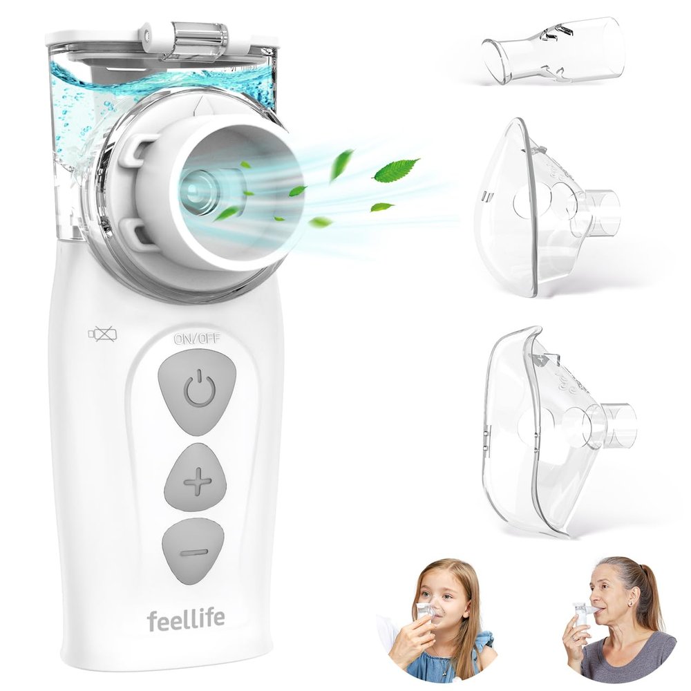 FEELLIFE Nebuliser Machine for Adults, Type-C Rechargeable Portable Nebuliser for Adults & Kids, Silent Portable Handheld Inhaler with 2 Masks, Mouthpiece and Storage Bag