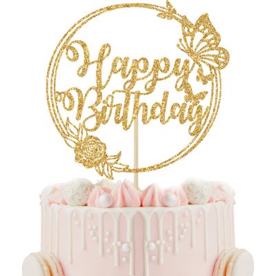 Gold Glitter Butterfly Cake Toppers, Butterfly Happy Birthday Cake Decorations, Butterfly Themed Birthday Wedding Anniversary Baby Shower Party Supplies