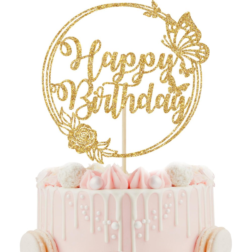 Gold Glitter Butterfly Cake Toppers, Butterfly Happy Birthday Cake Decorations, Butterfly Themed Birthday Wedding Anniversary Baby Shower Party Supplies