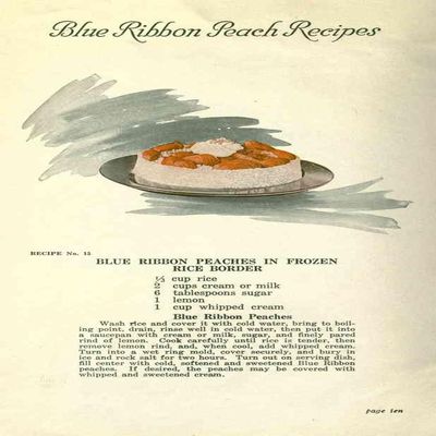 A4 Print Delicious Recipes by California Peach Growers 1920 Peaches in frozen rice border