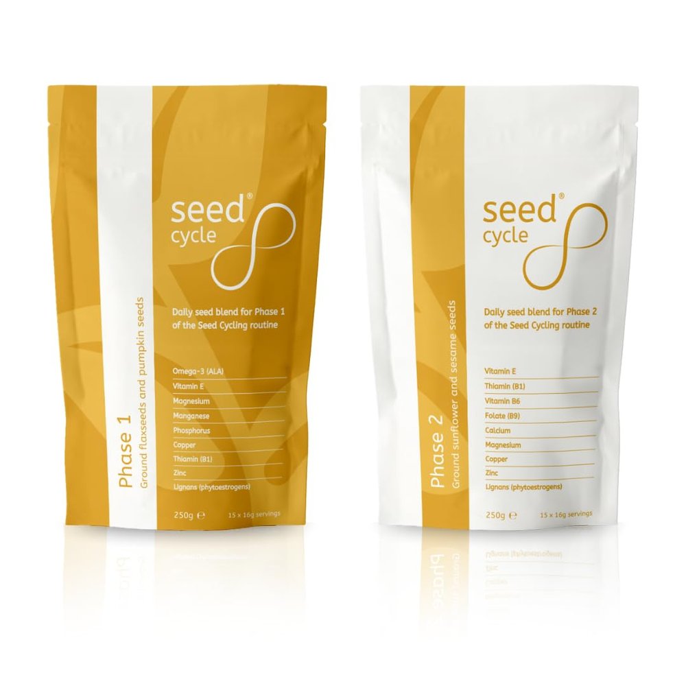 Convenient Ground Seed Cycling Kit for Female Health and Wellbeing. Phase 1 Ground Pumpkin & Flaxseeds and Phase 2 Ground Sunflower & Sesame Seeds