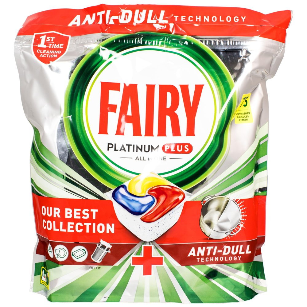 Fairy Platinum Plus Dishwasher Tablets Bulk, Lemon, 75 Tablets, Fairy's Best Tough Food Cleaning That Leaves Your Dishes Shiny Clean Like New