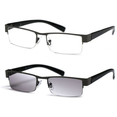 ZIZO EYEWEAR 2 Pack Men' Semi-Rimless Reading Glasses Light Tinted Lens &Clear Lens Reading Sunglasses/Spring Hinge R401 (Gun Metal & GunMetalTintedGrey, +3.25 Magnification)
