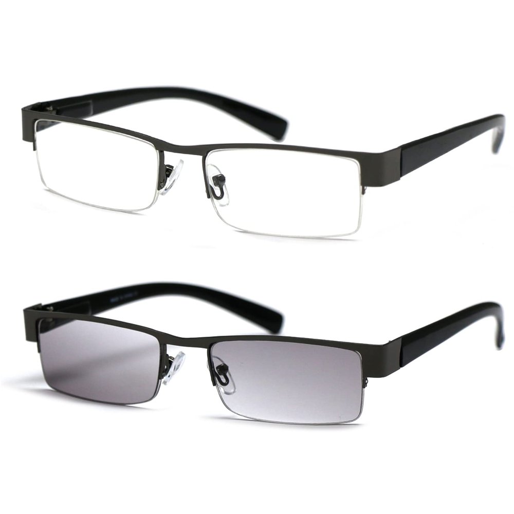 ZIZO EYEWEAR 2 Pack Men' Semi-Rimless Reading Glasses Light Tinted Lens &Clear Lens Reading Sunglasses/Spring Hinge R401 (Gun Metal & GunMetalTintedGrey, +3.25 Magnification)