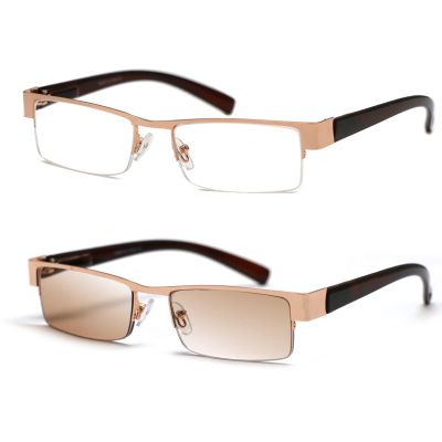 ZIZO EYEWEAR 2 Pack Men' Semi-Rimless Reading Glasses Light Tinted Lens &Clear Lens Reading Sunglasses/Spring Hinge R401 (Gold & GoldTintedBrown, +3.50 Magnification)