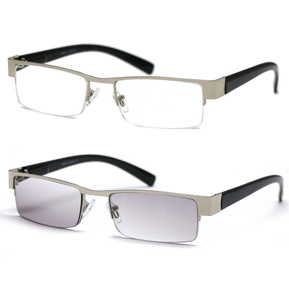 ZIZO EYEWEAR 2 Pack Men' Semi-Rimless Reading Glasses Light Tinted Lens &Clear Lens Reading Sunglasses/Spring Hinge R401 (Silver & SilverTintedGrey, +3.50 Magnification)