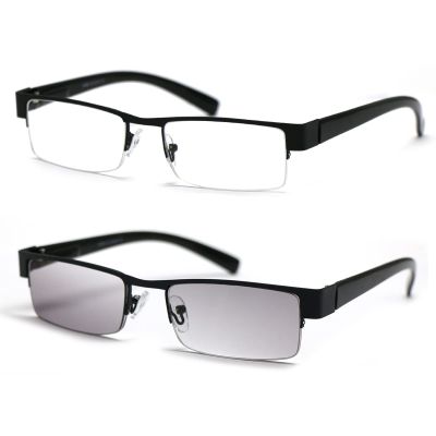 ZIZO EYEWEAR 2 PACK Men' Semi-Rimless Reading Glasses Light Tinted Lens &Clear Lens Reading Sunglasses/Spring Hinge R401 (Black & BlackTintedGrey, 1.00 Magnification)