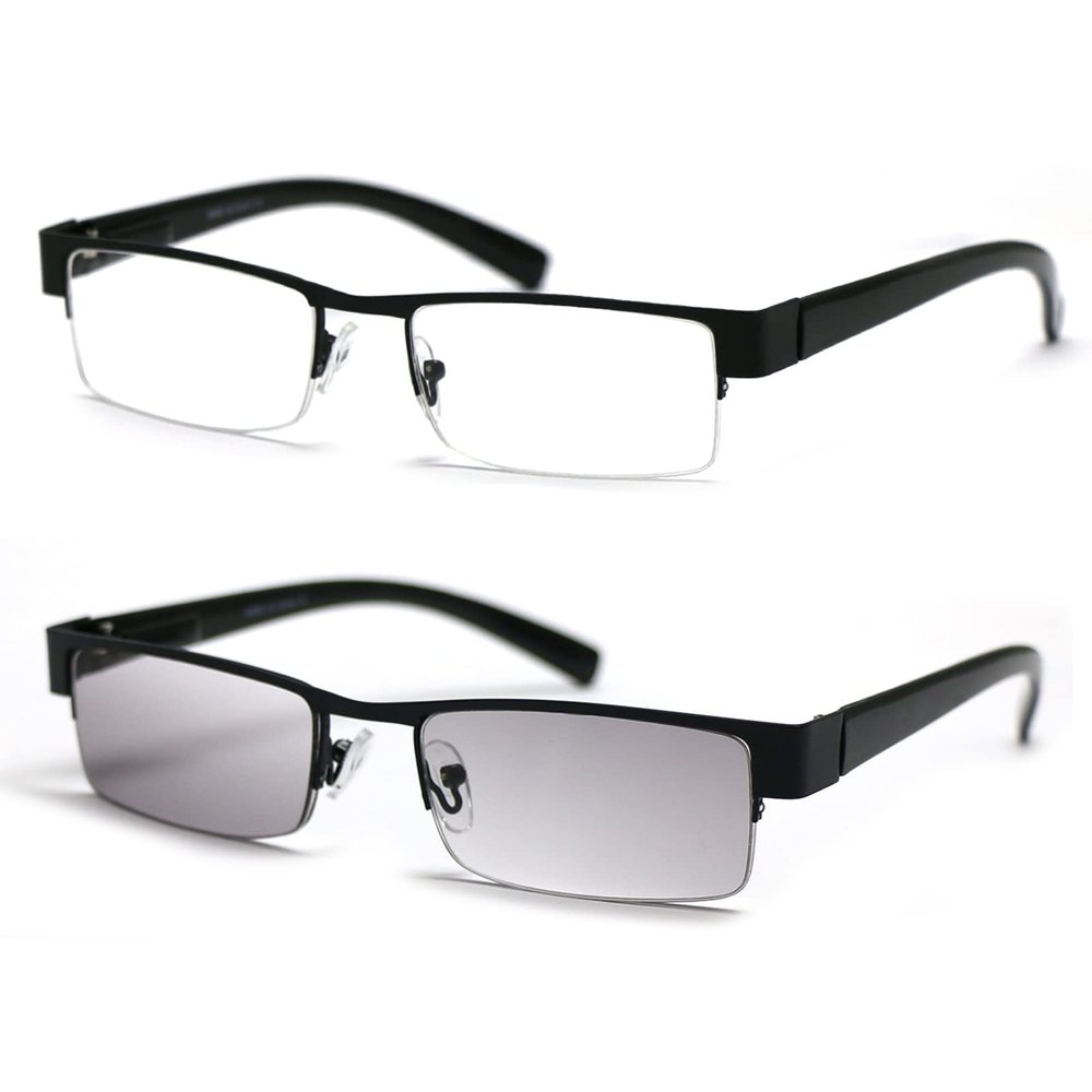 ZIZO EYEWEAR 2 PACK Men' Semi-Rimless Reading Glasses Light Tinted Lens &Clear Lens Reading Sunglasses/Spring Hinge R401 (Black & BlackTintedGrey, 1.00 Magnification)