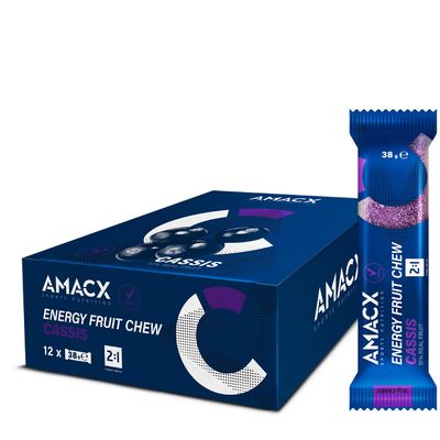 AMACX Energy Bar Fruit Chew 51% Fruit - Power Bar for Endurance Sports, Vegan, Gluten & Lactose-Free Power Bar - Energy Bar with a 2:1 Carbohydrate Ratio - Sports Bars, 12 x 38g Bars (Cassis)
