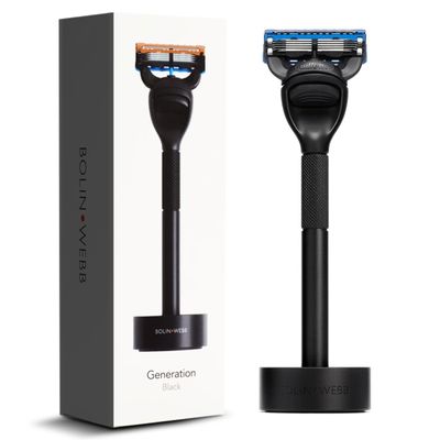 Bolin Webb Generation Razor and Stand in Black. Fitted with Gillette Fusion5 Blade. Luxury Razor for Men.