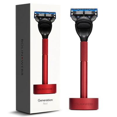 Bolin Webb Generation Razor and Stand in Red. Fitted with Gillette Fusion5 Blade. Luxury Razor for Men.