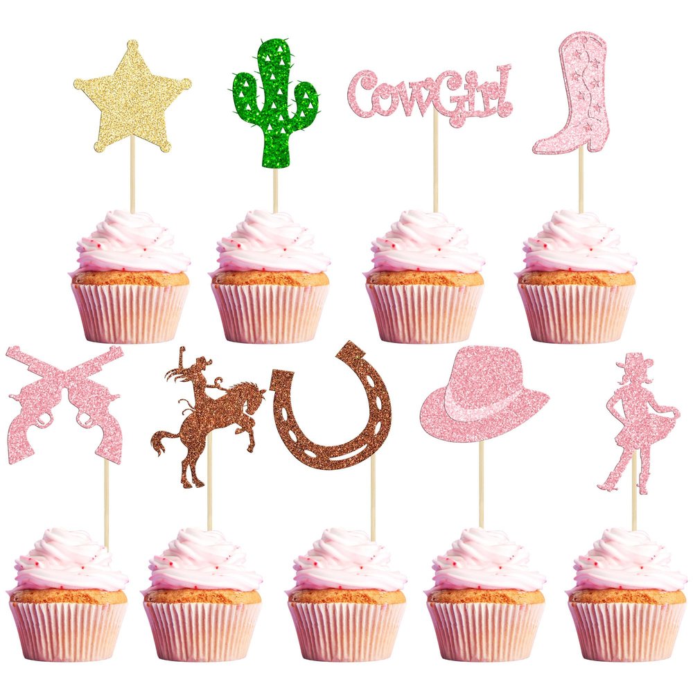 36Pcs Cowgirl Cupcake Toppers Glitter HorseShoe Cactus Gun Cupcake Picks Cowgirl Hats Boots Cake Decorations for Western Theme Baby Shower Girls Birthday Party Decor Supplies
