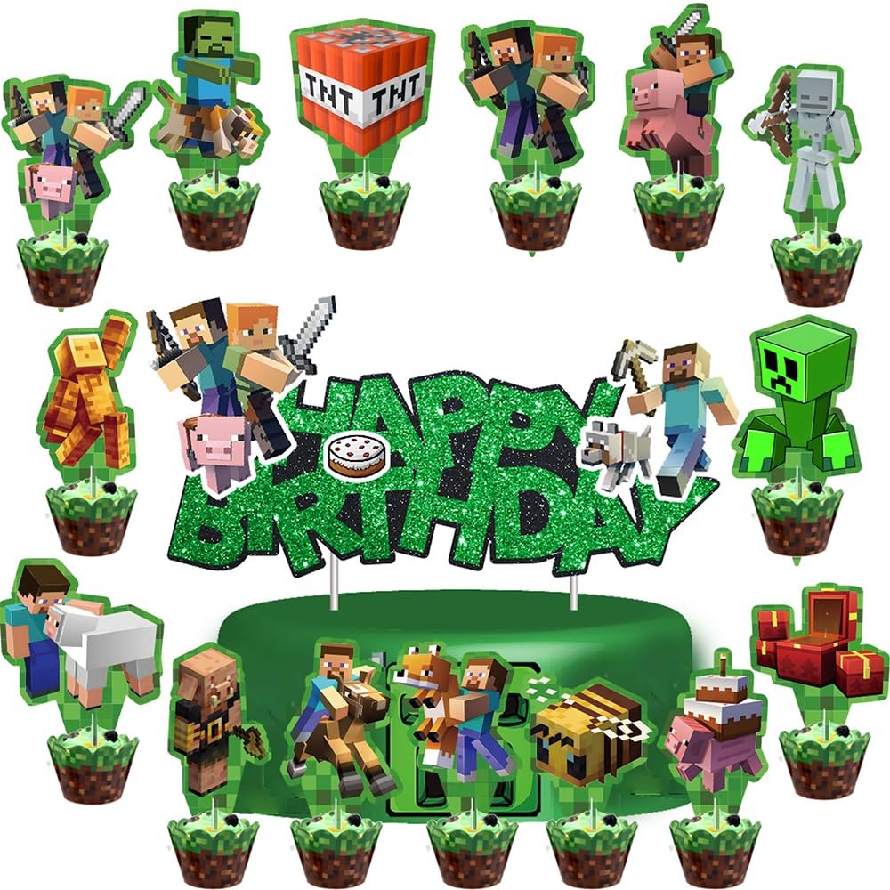 31 Pcs Game Miner Cake Toppers for Boys Girls, Cake Decorations, Cupcake Toppers, Birthday Party Supplies