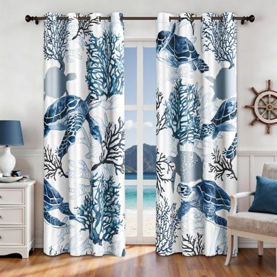 Nautical Coastal Curtains Decorative Beach Ocean Sea Turtle Coral 50% Light Blocking Sea Darkening Grommet Curtain For Villa Living Room, Bedroom Navy Blue and White 2 Panels Set, 52x96 Inches