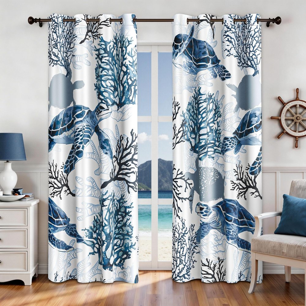 Nautical Coastal Curtains Decorative Beach Ocean Sea Turtle Coral 50% Light Blocking Sea Darkening Grommet Curtain For Villa Living Room, Bedroom Navy Blue and White 2 Panels Set, 52x96 Inches