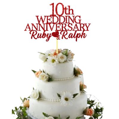 10th Custom Wedding Anniversary with Both Names. Any years any Names Personalised Cake Topper Glitter Card Ruby wedding Anniversary (GLITTER RED)