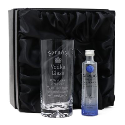Regalo Personalised Dimple Highball Glass & Miniature - Vodka% Design (Original Vodka 5cl, Silk Lined Gift Box)