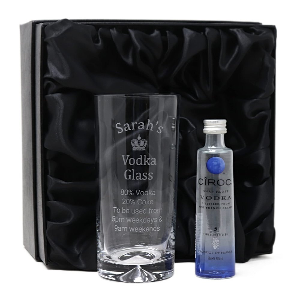 Regalo Personalised Dimple Highball Glass & Miniature - Vodka% Design (Original Vodka 5cl, Silk Lined Gift Box)