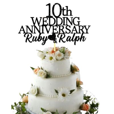 10th Custom Wedding Anniversary with Both Names. Any years any Names Personalised Cake Topper Glitter Card Ruby wedding Anniversary (GLITTER BLACK)