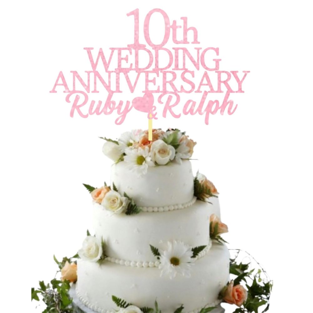 10th Custom Wedding Anniversary with Both Names. Any years any Names Personalised Cake Topper Glitter Card Ruby wedding Anniversary (GLITTER BABY PINK)