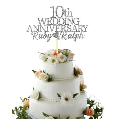10th Custom Wedding Anniversary with Both Names. Any years any Names Personalised Cake Topper Glitter Card 40th Wedding Anniversary Ruby (GLITTER SILVER)